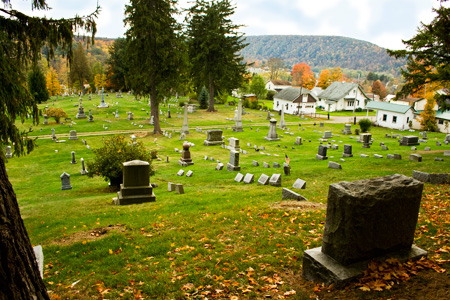 Tidioute Cemetery looking from the top of the cemetery toward downtown
